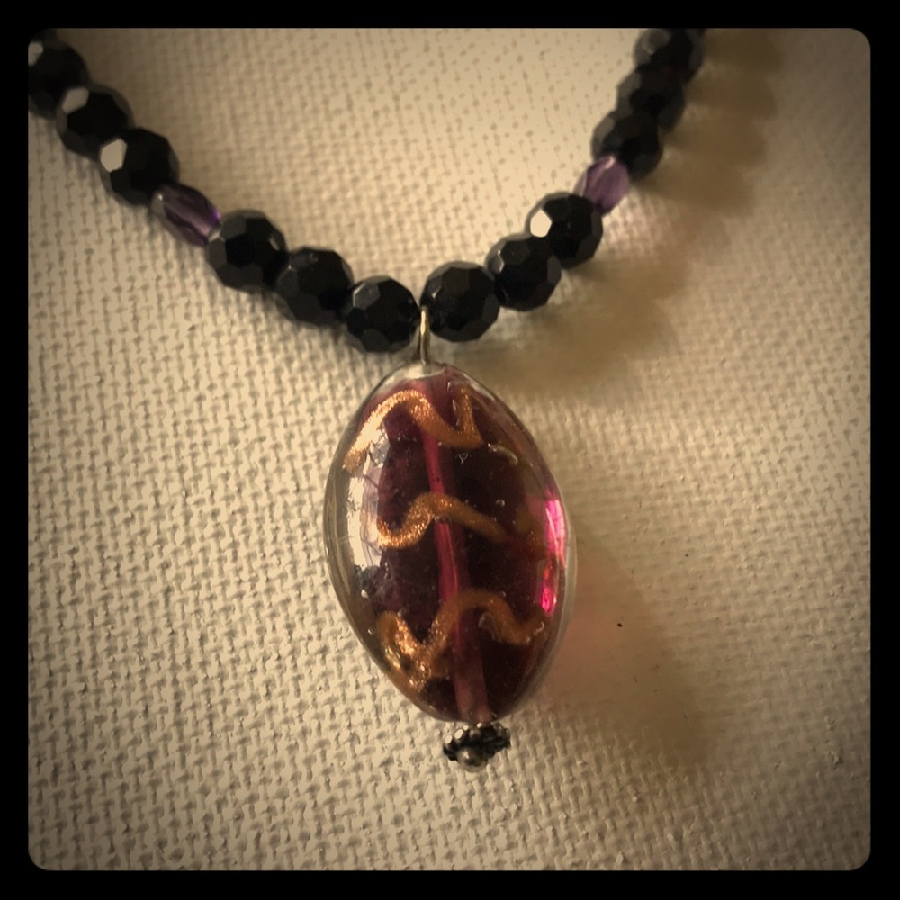 Black necklace purple  glass beads